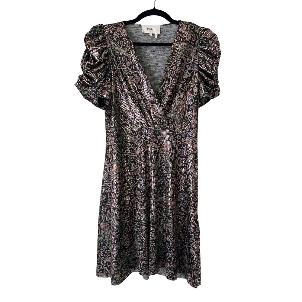 NWT ba&sh Robe Gala Metalic Paisley Mini Dress Puff Sleeve in Noir Sz L